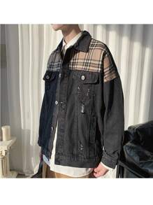 Spring New Plaid Denim Jacket For Men, Fashionable Loose Jacket, Stylish And Versatile Denim Jacket - màu đen - Xem 2