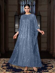 Faeriesty SHEIN X Hannahelzahed Women Elegant Boat Neck Elbow-Length Batwing Sleeve Gown With Beaded & Sparkly Sequin-Embellished Chiffon – Luxe Partywear For Spring Summer Galas & Weddings (Ideal For Red Carpet & High-Society Events),Summer Holiday Outfits - Dusty Blue - View 6