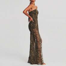 Vestido largo de mujer de tipo top tubo, sin tirantes, sin espalda, con parches de malla, estampado de leopardo, con abertura alta, vestido largo para fiesta, club nocturno y ropa de fiesta