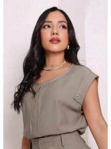 Women's Tailored T-Shirt Blouse With Buttons Round Neck - Grey - View 4
