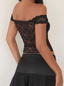 Women's Off Shoulder Lace Corset Short Sleeve Solid Color Slim Fit Bustier Tops Vintage Shirts - Black - View 5