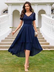 MIUSOL Floral Lace V-Neck Ruched High-Low Hem Chiffon Evening Gown - Navy Blue - View 5