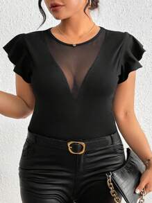 Women Plus Size Deep V-Neck Mesh Elegant High-Stretch Solid Color Patchwork Ruffle Sleeve T-Shirt, Cap Sleeve Tops For Spring/Summer, Concert Women Rave Festival Casual Black - Black - View 5