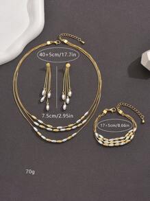 3 件套时尚简约铜镀金三线珍珠项链、手链和耳环套装，适合女士、派对 - 金色 - 查看 3