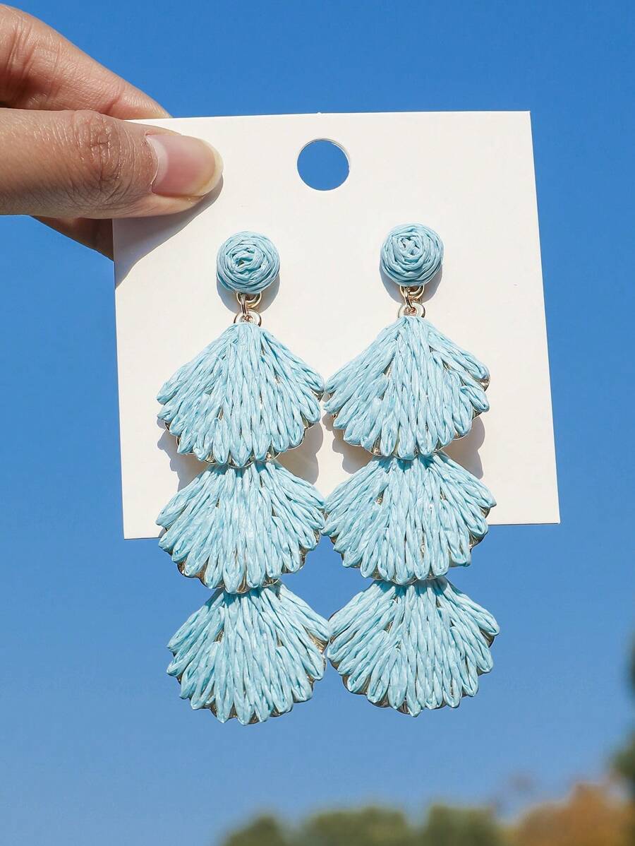 OOQ 一对手工编织拉菲草贝壳流苏波西米亚风长耳环，几何蓝色设计，适合女性日常、度假、派对、节日（如情人节、婚礼、母亲节、音乐节）佩戴（手工拉菲草编织，形状和方向随机） - 藍色 - 查看 1