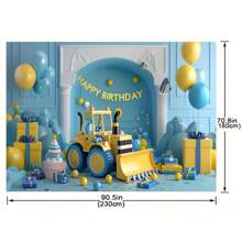 Bannière de toile de fond pour fête d'anniversaire sur le thème de la construction - Polyester décorations d'excavatrice et de bulldozer en arrière-plan, convient pour toutes les occasions et saisons - Photographie d'intérieur/extérieur multifonctionnelle - 1 pièce, nappe, rideau