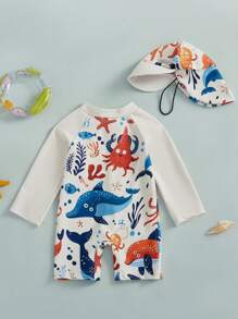 Infant Toddler Baby Boys Rash Guard Swimsuit Romper Long Sleeve Shark Print Bathing Suit Swimwear With Swim Cap - Khaki - View 3