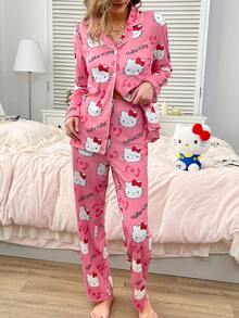 Sanrio 2pcs HELLO KITTY Women's Printed Button-Front Long Sleeve Pajama Top And Elastic Waist Long Pants Sleepwear Set - Pink - View 6
