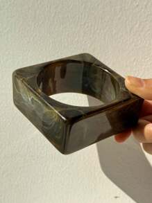 1pc Oversized Asymmetrical Gradient Square & Round Resin Bracelet, Vintage Style Accessory For Women, Fashion Elegant Gift - Coffee Brown - View 14