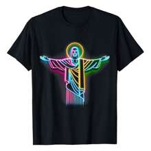 Vibrant Christ The Redeemer Tee - Colorful Landmark T-Shirt, Women's Printed T-Shirt 220g, 100% Cotton, Retro Fashion Street Women's Short Sleeves, Round Neck Casual Women's Outdoor Short Sleeves, Daily Four Seasons Wear, Holiday Gifts