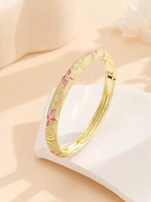 1pc Fashionable Gold-Plated Floral Enamel Oval Bangle Bracelet, Jewelry For Women & Girls - Flower - View 8