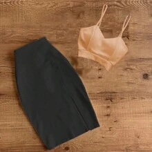 BLACK TOP AND SKIRT WITH LEG SLIPPING Fitted Strappy Top - 米色 - 查看 2