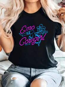 Emo Cowgirl Apparel Print T-Shirt, Casual Crew Neck Short Sleeve Comfort Tee Top For Spring & Summer, Women'S Clothing - 黑色 - 查看 1