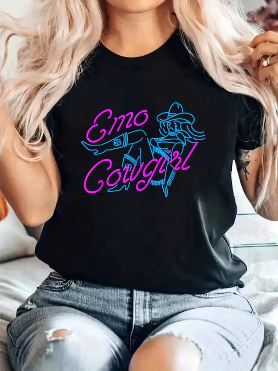 Emo Cowgirl Apparel Print T-Shirt, Casual Crew Neck Short Sleeve Comfort Tee Top For Spring & Summer, Women'S Clothing - 黑色 - 查看 1