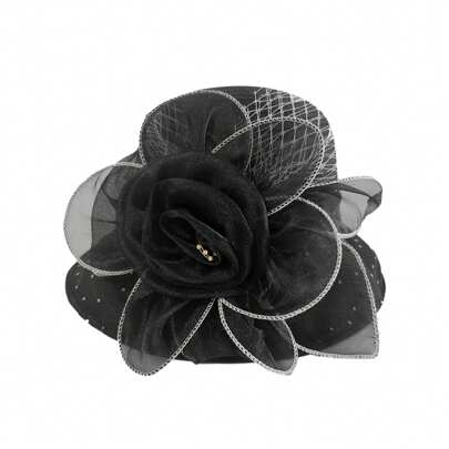Women's Organza Sun Hat Wide Brim Bucket Cap Flower Wedding Church Dress Hat Fascinator Bridal Tea Party Hat