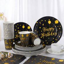 1 Set de platos, servilletas y vasos de mesa desechables con globos de cumpleaños dorados sobre fondo negro, de 7/9 pulgadas, para fiestas de cumpleaños, decoración y celebraciones, apropiado para el tema de fiesta de cumpleaños