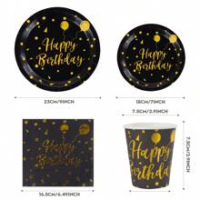 1 Set de platos, servilletas y vasos de mesa desechables con globos de cumpleaños dorados sobre fondo negro, de 7/9 pulgadas, para fiestas de cumpleaños, decoración y celebraciones, apropiado para el tema de fiesta de cumpleaños