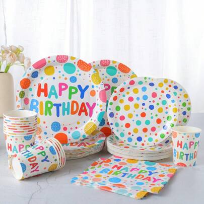 彩色波尔卡圆点生日快乐一次性餐具套装，7/9 英寸派对盘子餐巾杯，生日派对礼物庆祝装饰品一次性纸盘餐巾杯，适用于生日主题派对用品