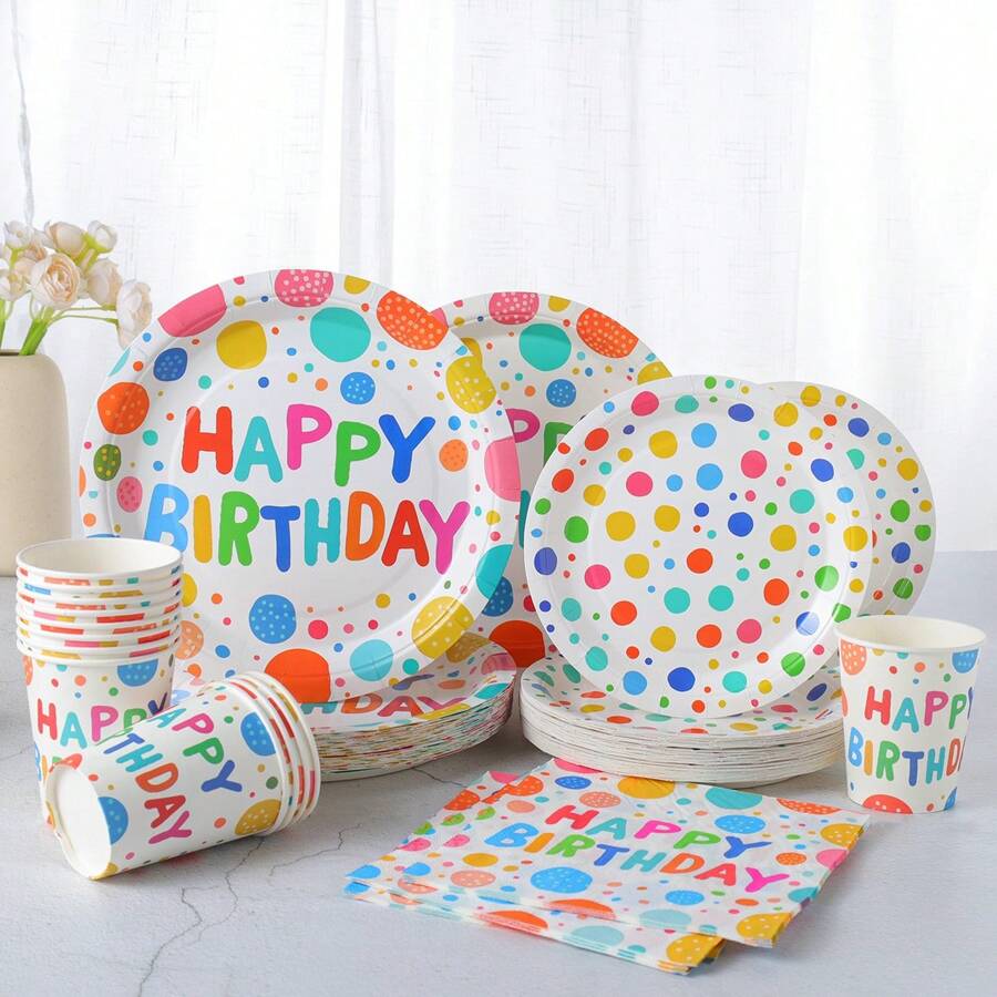 Colorful Polka Dot Happy Birthday Disposable Tableware Set, 7/9 Inch Party Plates Napkins Cups, Birthday Party Gift Celebration Decorations Disposable Paper Plates Napkins Cups, Suitable For Birthday Theme Party Supplies - Multicolor - View 1