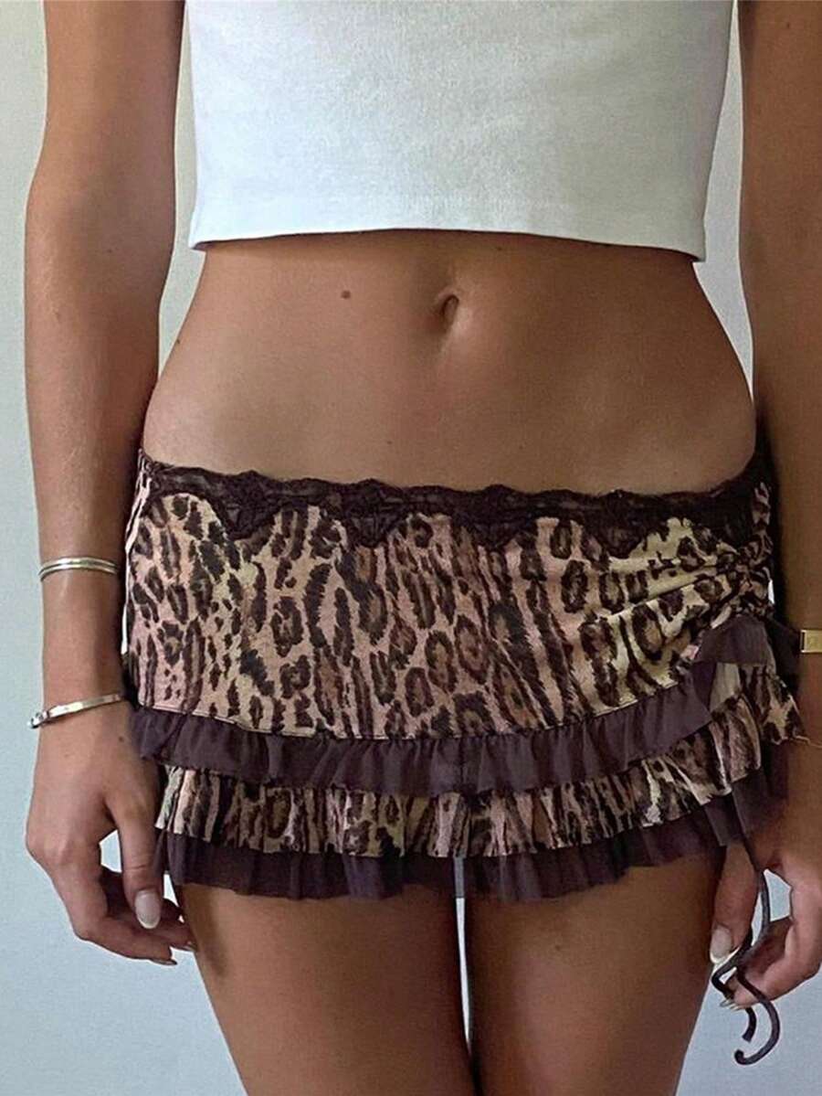 Women's Vintage Leopard Print Mini Skirt Low Waist Ruffle Drawstring Lace Irregular Hem Y2K Short Skirt - Brown - View 1
