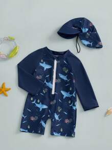 Conjunto de 2 piezas de traje de baño para niño pequeño: Traje de baño tipo escudo antirrasguños con estampado de tiburón de manga larga y media cremallera, talla grande sombrero para el sol - Azul - Ver 2