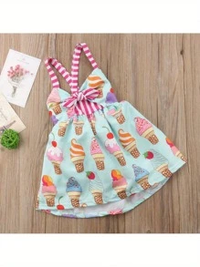 Vestido de verano sin mangas para niñas pequeñas, con estampado de helados, lazo, cuello halter, tirantes cruzados y faldas de princesa con cordones - Flor - Ver 4