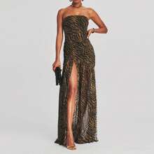 Vestido largo de mujer de tipo top tubo, sin tirantes, sin espalda, con parches de malla, estampado de leopardo, con abertura alta, vestido largo para fiesta, club nocturno y ropa de fiesta