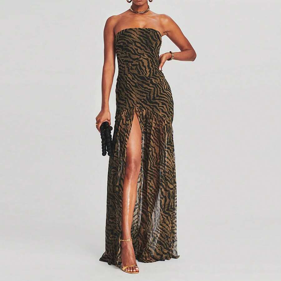 Vestido largo de mujer de tipo top tubo, sin tirantes, sin espalda, con parches de malla, estampado de leopardo, con abertura alta, vestido largo para fiesta, club nocturno y ropa de fiesta