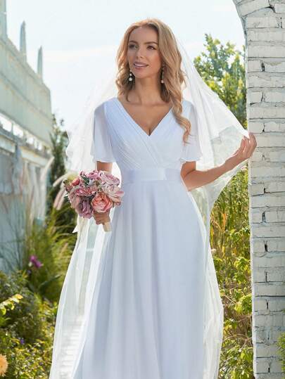 EVERPRETTY Elegant Pleated Fitted Bustier Satin Waist Chiffon Wedding Dress, White Bridal Gown For Gifts, Parties, Spring/Summer Bride, Bridesmaid