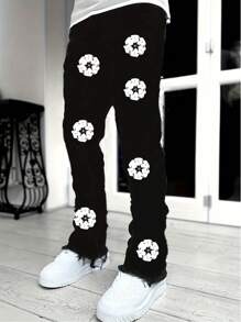 Men's Solid Slant Pocket Slim Fit Jeans Long Washed Flare Printed Jeans Solid Black Party Streetwear, Rapper, Emo Style - Black - View 2