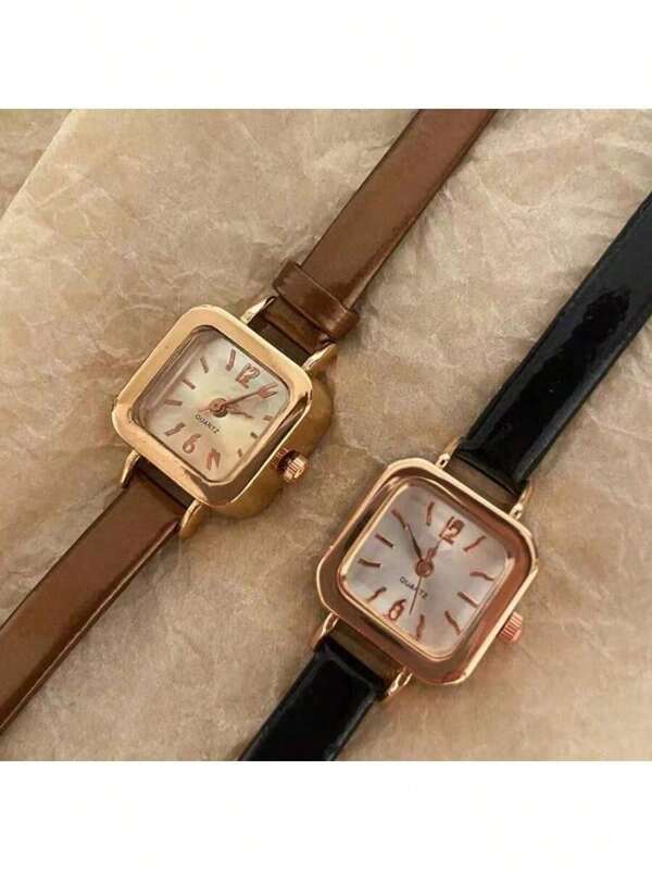 Set de 2 relojes de cuarzo con caja cuadrada y correa de PU negro + marrón para mujer