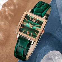 4-Piece Set Luxury Women Watch With Roman Numeral Dial, Leather Strap + Necklace + Earrings + Ring