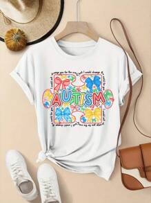 Summer Casual Women's Round Neck T-Shirt,Special Education, Neurodiversity T-Shirt, Slim Fit Short Sleeved T-Shirt - 白色 - 查看 1