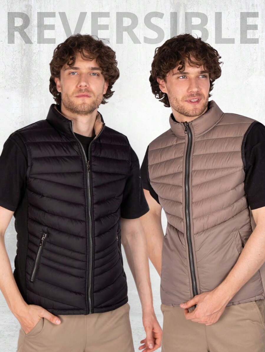 Reversible Quilted Vest Functional Pockets On Both Sides - Black - View 1