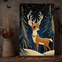 Framed   Christmas Cartoon Deer Canvas Print Wall Art, Contemporary Style Festive Winter Poster, For Living Room, Bedroom, Office, Hallway, Kitchen Wall Decor, Ideal Christmas Gift - 裱框 - 查看 3