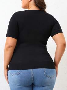 1 件女式高腰无缝短袖修身黑色塑身上衣，加大码 - 黑色 - 查看 5