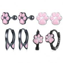 bamoer 1 件 925 纯银可爱黑粉色猫耳圈耳环女式迷你可爱宠物爪耳钉夹女孩生日珠宝礼物