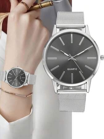 1pc Top Luxury Women Watch Fashionable Simple Silver Mesh Large Dial Bar Scale Quartz Wrist Watches For Women Ladies Clock Gift Ideal Choice For Gifts(Only Wristwatch)