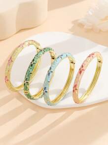 1pc Fashionable Gold-Plated Floral Enamel Oval Bangle Bracelet, Jewelry For Women & Girls - Flower - View 1