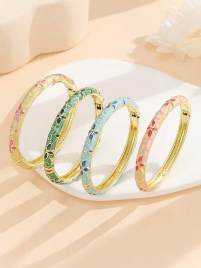 1pc Fashionable Gold-Plated Floral Enamel Oval Bangle Bracelet, Jewelry For Women & Girls