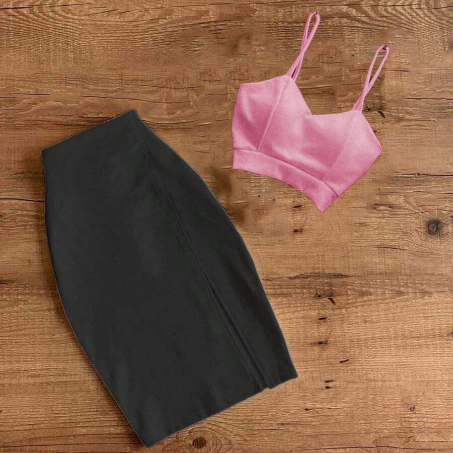 BLACK TOP AND SKIRT WITH LEG SLIPPING Fitted Strappy Top - Dusty Pink - View 1