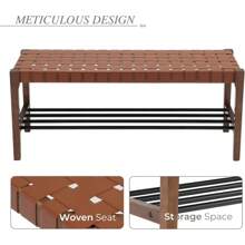 Rustic Wood Entryway Bench 45 Inch Woven Bench, Indoor Boho Accent Bench With Faux Leather Strips & Metal Shoe Rack, Small Bench For Living Room/Bedroom/Hallway/Foyer/End Of Bed, Brown