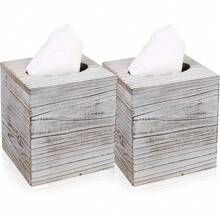 White Barnwood Tissue Box Cover: 2 Pack Tissue Box Holder Includes Slide-Out Bottom Panel, Stylish Tissue Box Cover Square Perfect For Farmhouse Bathroom Decor 5.5"L X 5.5"W X 6.3"H