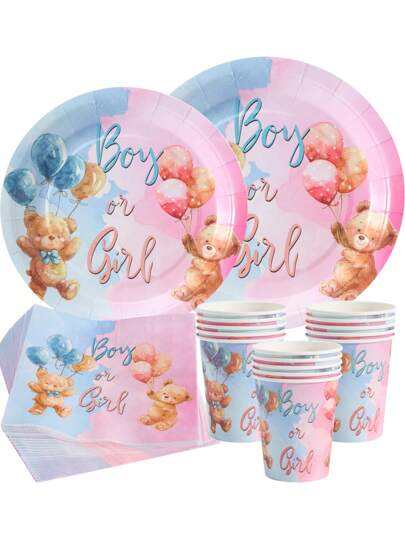 25pcs Gender Reveal Party Supplies - Teddy Bear Disposable Plates, Napkins And Cups, Suitable For 25 Guests, One-Time Paper Plates Party Tableware For Birthday Party, Family Picnic, Gender Reveal Party