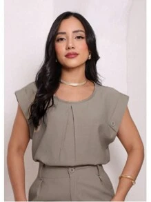 Women's Tailored T-Shirt Blouse With Buttons Round Neck - Grey - View 3