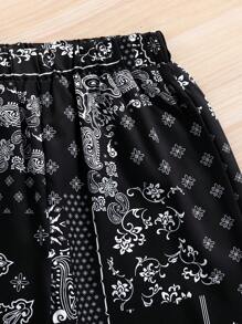 Tween Boy Fashion Paisley Print Woven Polo Collar Short Sleeve Shirt & Elastic Waist Casual Shorts 2-Piece Set, Suitable For Summer, Daily, Party & Vacation