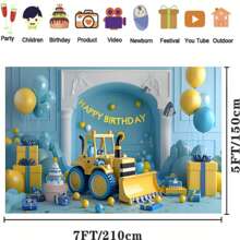 Bannière de toile de fond pour fête d'anniversaire sur le thème de la construction - Polyester décorations d'excavatrice et de bulldozer en arrière-plan, convient pour toutes les occasions et saisons - Photographie d'intérieur/extérieur multifonctionnelle - 1 pièce, nappe, rideau