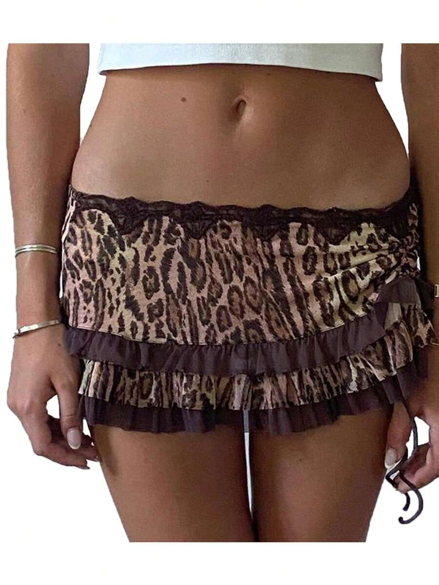 Women Mini Short Skirt Low Waisted Leopard Print Ruffle Lace Edge Fashion Short Skirt - Màu nâu - Xem 1