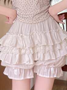 Pantalones cortos bombachos con diseño en capas tipo pastel y borde de encaje para mujer, cintura elástica con lazo, corte holado antideslizante, ideal para uso diario y estilo Lolita en primavera y verano - Blanco - Ver 4