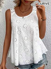 Plus Women' Hollowed Out Embroidered Sleeveless Tank Tops - White - View 1